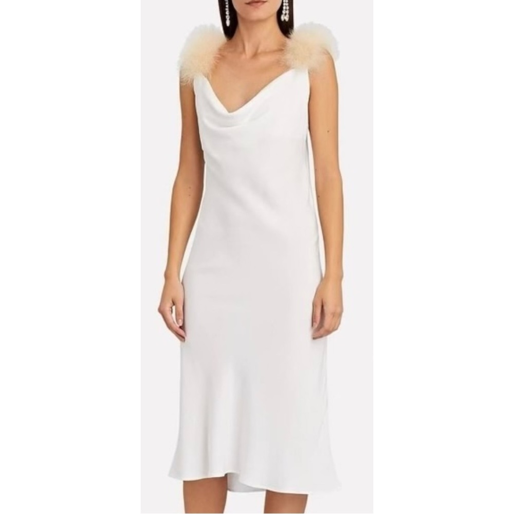 SLEEPER Voulez Fous Feather Trim White Slip Midi Dress Luxury Nightgown sz M